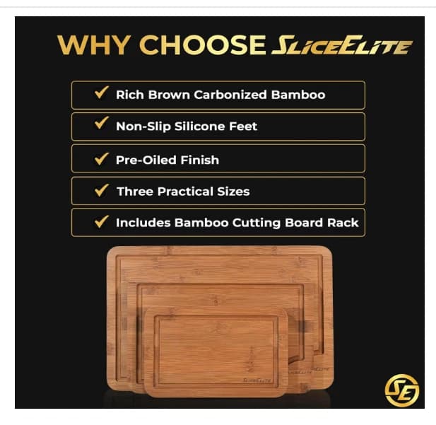 SliceElite Rich Brown Carbonized Bamboo Cutting Board Set 3 Piece with Stand - Image 2