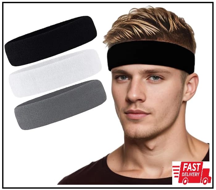 3 Pack Men & Women Sweatband Headband Terry Cloth Moisture Wicking for Sports Te - Image 1