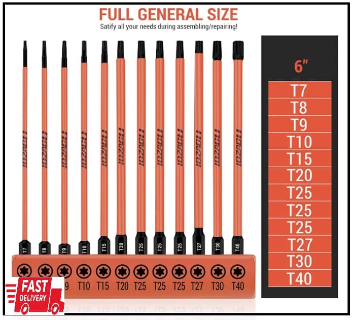 12Pcs Long Torx Bit Set 6-Inch (152mm), T7 To T40, Magnetic Security Tamper Star - Image 2