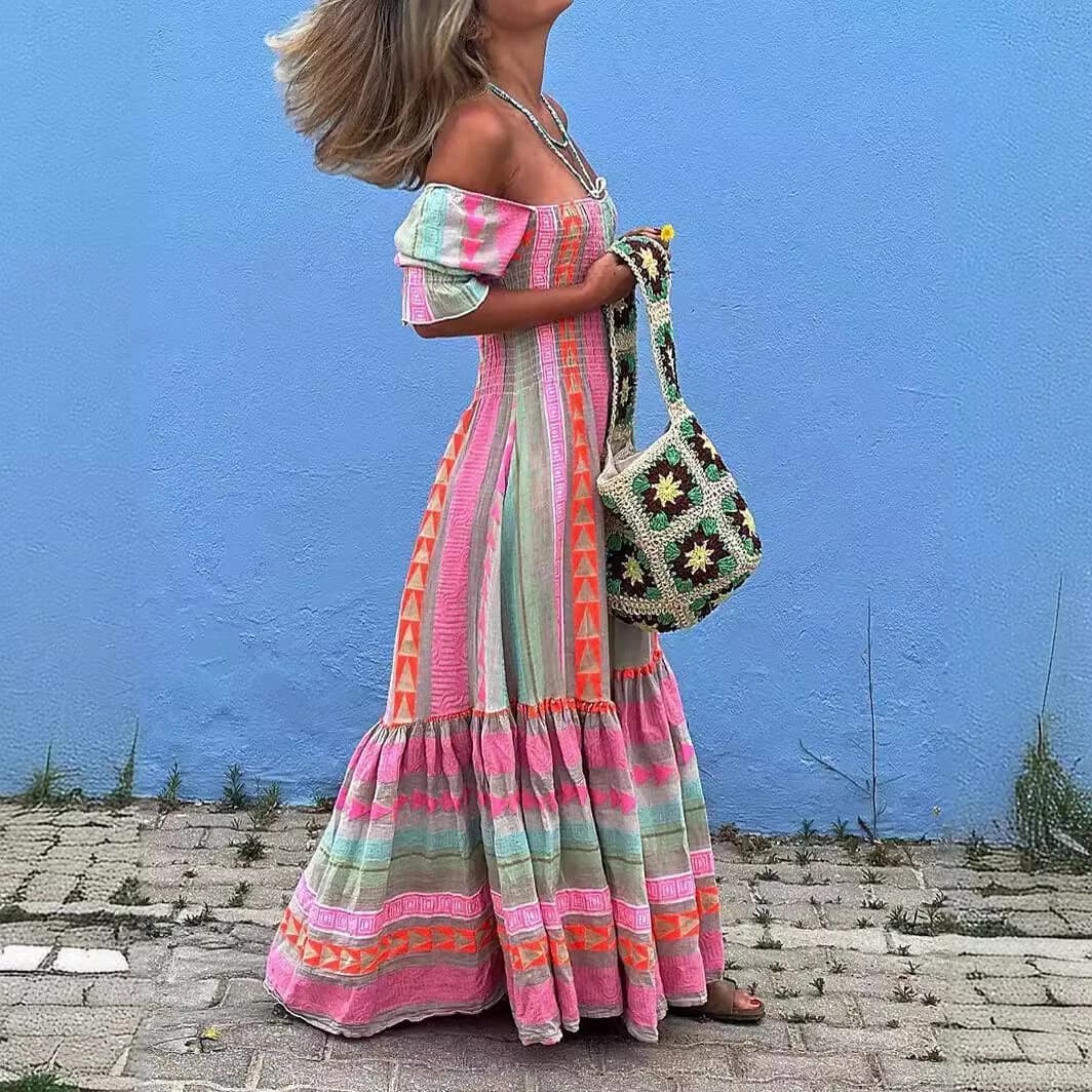 Women's Fashion Geometry Pattern Color Block Square Collar Dress - Image 2