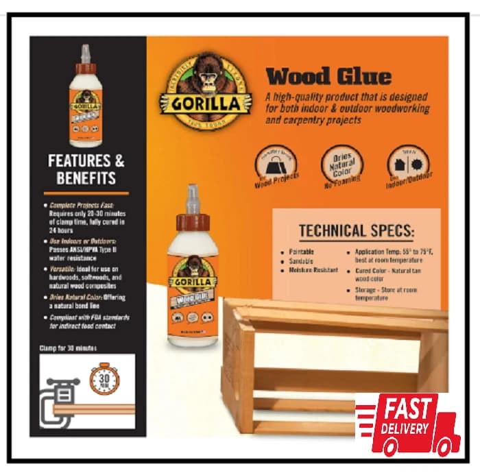 Gorilla Wood Glue; 8 Ounce Bottle; Natural Wood Color; (Pack of 1) - Image 1