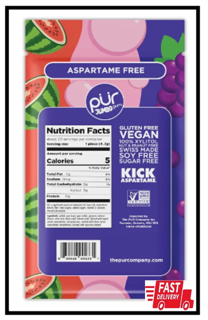 Share PUR Chewing Gum Natural Bubblegum, Grap, Watermelon Flavor, 20 Pieces (Pack of3) - Image 1