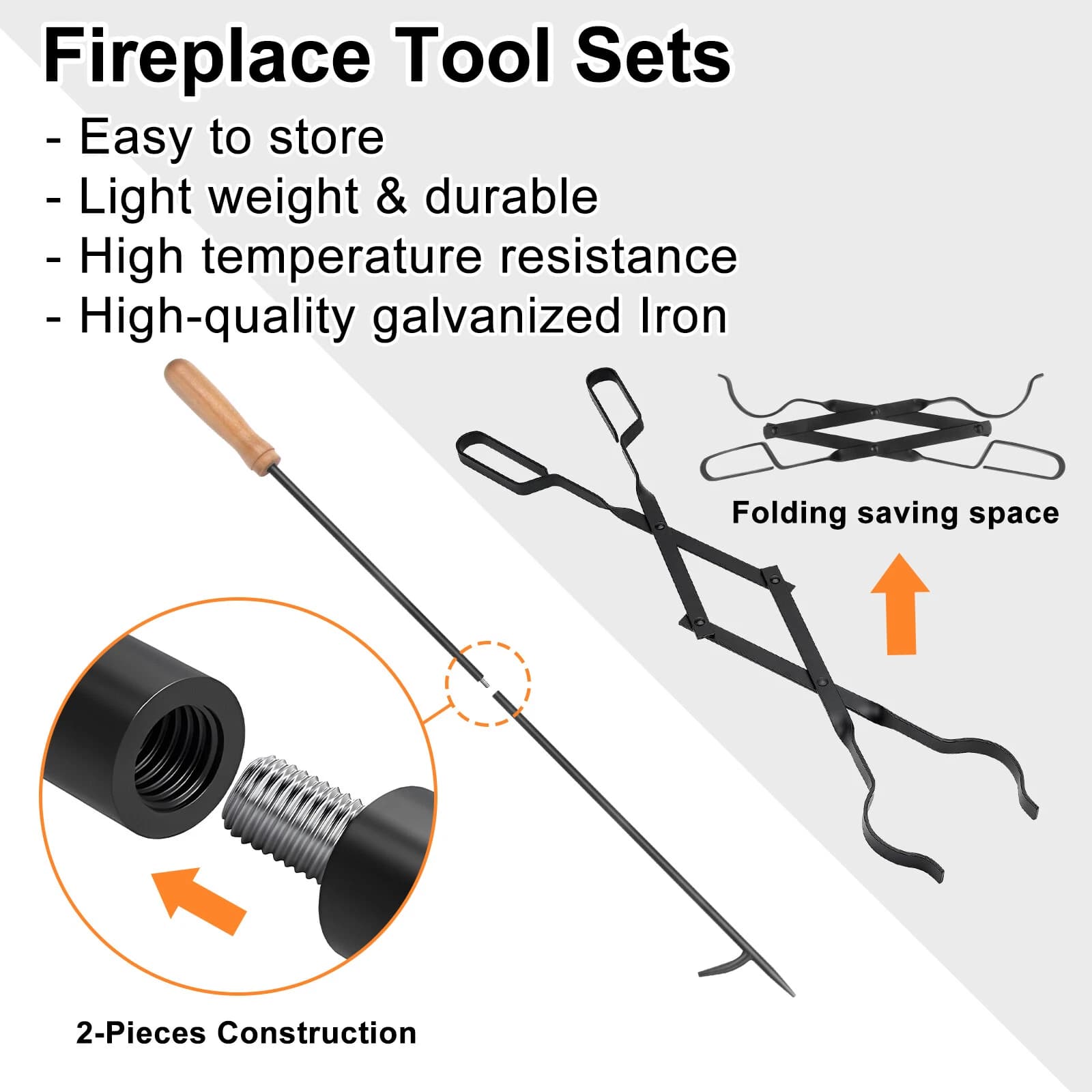 25" Fireplace Tongs 32" Poker Set Fire Pit Accessories Heavy Duty Fireplace Tool - Image 1