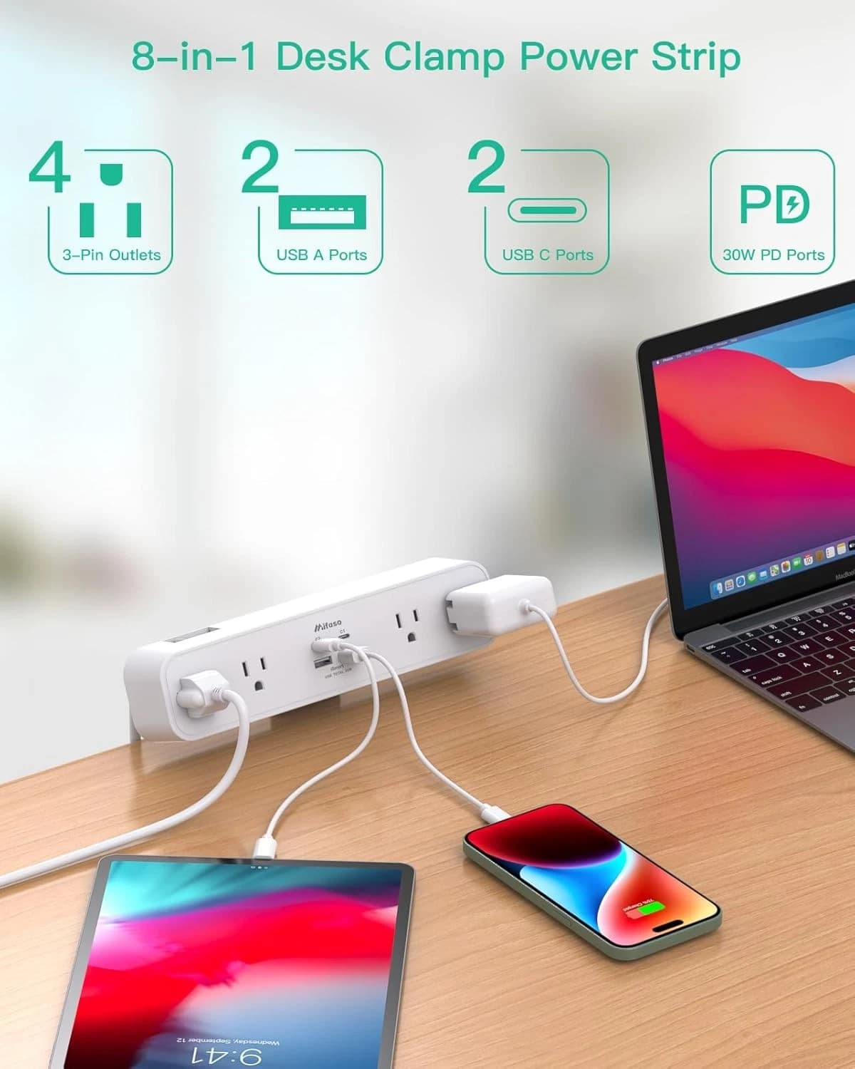 Desk Clamp Power Strip Accessories 8 in 1 Surge Protector 4 Outlets 4 USB 30W PD - Image 3