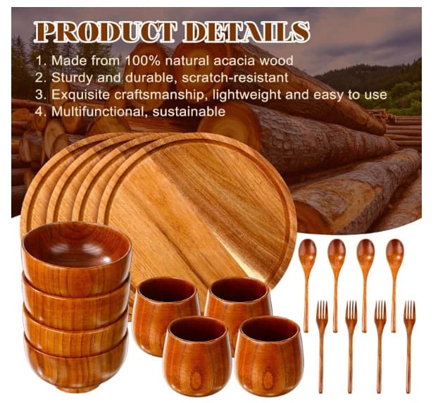20 Pcs Acacia Wood Dinnerware Set 11.6 Inch Round Wooden Plates Bowls Tea Cups - Image 1