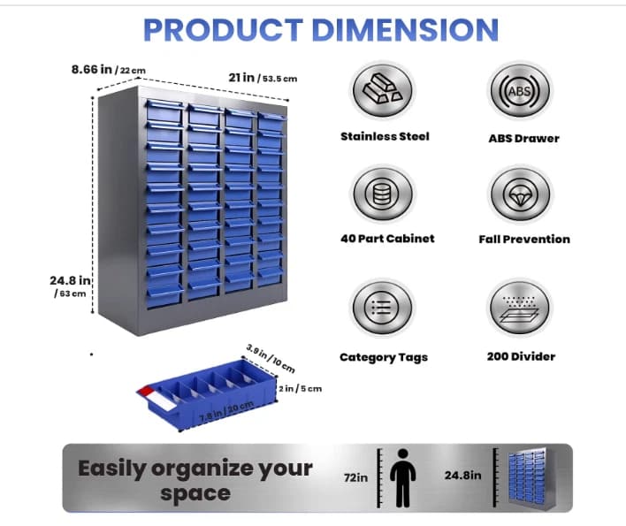 40-Drawer Nut and Bolt Organizer, Small Parts Organizer with Alloy Steel Frame - Image 3