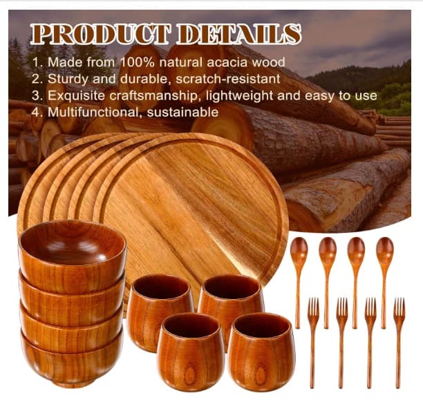 20 Pcs Acacia Wood Dinnerware Set 11.6 Inch Round Wooden Plates Bowls Tea Cups - Image 2
